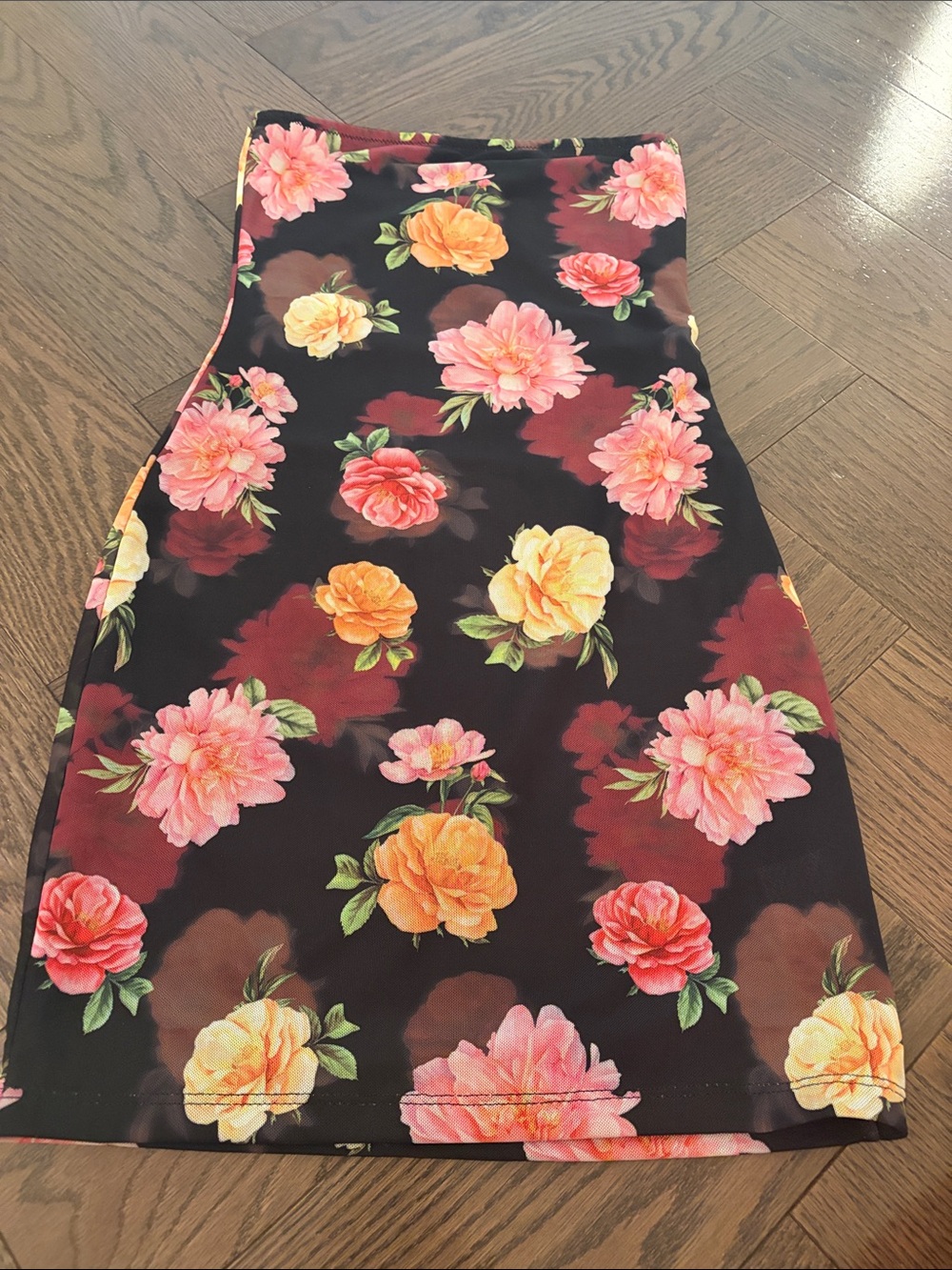White Fox Boutique Black Mini Dress with Pink & Yellow Floral Print